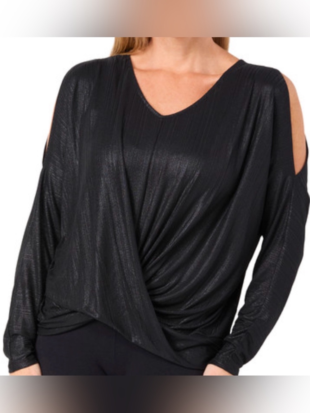 Tahari Black Cold-Shoulder Draped V-Neck Blouse